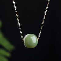 wholesale Silver-gilded with certificate, natural Hetian jade retro Chinese-style inlaid jade pendant, light aqua green jade "Lulu Tong" necklace-Passepartout (excluding chain)