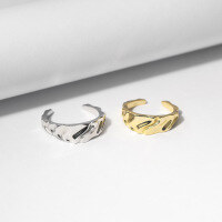 wholesale 14K Gold Plated Irregular Wrinkle Texture Open Ring for Women, Small Stacking Index Finger Ring-Electric platinum movable mouth adjustable 3.82g