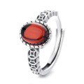 wholesale S925 Sterling Silver Retro Antique Style Coin Red Agate/Amber/Blood Amber Ring Light Luxury National Tide Adjustable Ring-0-6