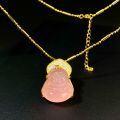 wholesale S925 Sterling Silver Plated Gold, Natural Pink Chalcedony Agate Buddha Pendant Necklace, Collarbone Chain-0-1