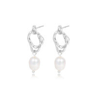 wholesale S925 Sterling Silver Twisted Hoop Earrings with Natural Pearls, Minimalist Style-E222E=white gold 925 silver
