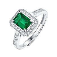 wholesale 925 Silver Creative Luxury Lab-Grown Emerald Ring, European and American Popular Open Adjustable Women's Ring-Small octagonal 5*7mm (1ct) opening adjustable