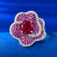 wholesale S925 Sterling Silver New Style Pigeon Blood Red Flower Ring for Women, Rose Petal Fashion Versatile Luxuriously Set-R753 Red Diamond No. 6