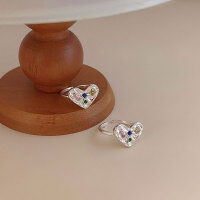wholesale S925 sterling silver heart-shaped open ring for women, Korean autumn new collection, versatile high-end luxury wave finger ring-Love Colorful Stone Model (Open + Full Body Sterling Silver)
