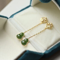 wholesale S925 Silver Alloy Wholesale Natural Hetian Jade Jadeite Gourd Earrings with Chain Ear Accessories in New Chinese Style-Natural Hetian Jade Jasper Gourd Earrings