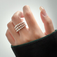 wholesale S925 Sterling Silver Fashion Beaded Three-Layer Wide Ring, Round Bead INS Style Blogger Women's Adjustable Index Finger Ring R01530-S925 silver ring>Adjustable opening