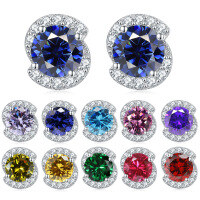 wholesale 925 Sterling Silver European and American Fashion Blue Sapphire Zircon Stud Earrings, Unique Earrings, Pure Silver Earrings, Niche Elegant and Exquisite Wholesale-White【April】>925 silver
