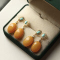 wholesale S925 Sterling Silver Vintage Natural Old Wax Green Turquoise Earrings with Pure Natural Full Honey Chicken Oil Yellow Old Amber Earrings-0-1