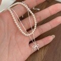 wholesale S925 Sterling Silver Light Luxury Pearl Bow Double Layer Stackable Necklace for Women, Korean Summer Versatile Collarbone Chain-0-3