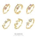 wholesale S925 Sterling Silver French Floral Ring for Women, Luxury Adjustable Open Band with Colorful Zircon-0-1
