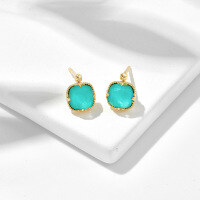 wholesale Metal: S925 Sterling Silver Plated with 14K Gold DUNLI Summer New Square Turquoise and White Crystal Fresh Earrings for Women-Turquoise Earrings 925 Silver