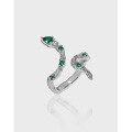 wholesale S925 Sterling Silver Slytherin Snake Green Zircon Textured Open Adjustable Ring for Women, Korean Version Ins Original Design-0-0