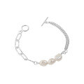 wholesale S925 Sterling Silver 010 Korean Version Ins Niche Design Baroque Freshwater Pearl OT Clasp Double Layer Chain Bracelet for Women-0-4