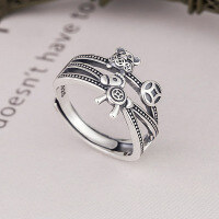 wholesale S925 silver trendy retro open ring with a playful smiley face, small animals, coins, horses, mice, and peanuts-Model YJ016/C, approximately 3.7 grams, 925 silver