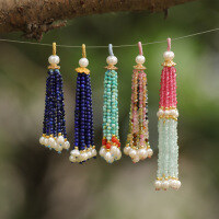 wholesale Metal material with natural tourmaline, turquoise, lapis lazuli, blue apatite handcrafted tassel fringe and natural crystal accessory DIY pendant-Natural blue phosphorus gray