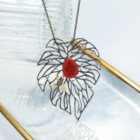 wholesale 925 Silver Ocean Blue Chalcedony and Red Agate Pendant, Exaggerated European and American Style Leaf-Shaped Unique Necklace for Cross-Border-Aquamarine Chalcedony Leaf Pendant 925 Silver