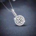 Sterling Silver Moissanite Necklace, 1ct Round Halo Pendant Chain-0-0