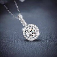 Sterling Silver Moissanite Necklace, 1ct Round Halo Pendant Chain.-[Empty Setting] 1 Carat Necklace  925 Silver