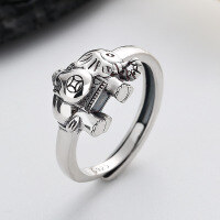 wholesale S925 Sterling Silver Auspicious Elephant Open Mouth Ring, Retro Fashion Ethnic Style Index Finger Ring-671JM/approx. 3.6g Adjustable opening