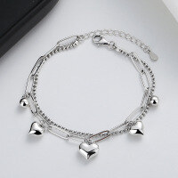 wholesale S925 Sterling Silver Double-Layer Small Beads with Multiple Small Heart Charms Bracelet, Korean Style Elegant and Gentle Women's Accessory-143S/approximately 5.8 grams 925 silver