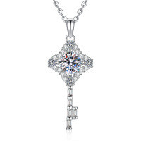 S925 Silver Moissanite Four-Leaf Clover Key Pendant Necklace, 1ct.-6.5mm high-carbon stone  925 silver