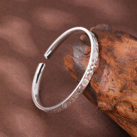 wholesale 990 Sterling Silver "Fú" Character Open Bangle Bracelet for Women, Engraved with Auspicious Words for Wealth and Joy, Pure Silver Gift for Girlfriend-Blessing character broken ice bracelet pure silver