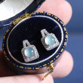 S925 Silver Square Encrusted NaturalBlue Water Jadeite Stud Earrings-0-2
