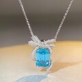 wholesale S925 Sterling Silver Bow Necklace for Women with Aquamarine and High-Carbon Diamond Pendant Collarbone Chain-0-2