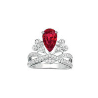 wholesale 18K White Gold Crown Ring with Moissanite, Emerald, Ruby, and Sapphire in Teardrop Pear Shape-Teardrop-shaped ruby size 15 (US size 7)
