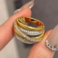 wholesale S925 sterling silver plated with 18k gold, canary Italian wire drawing process multi-layer diamond-set crossover ring-Gold US size 8 (Hong Kong 16-18)