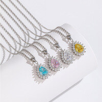 wholesale S925 Sterling Silver European and American Style Women's Choker Necklace with Luxury Pear-Shaped Ice-Cut High-Carbon Diamond Pendant New Arrival-Pink Diamond Necklace 925 Silver