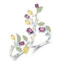 wholesale S925 Silver Vintage Botanical Nature-Inspired Designer Adjustable Double-Finger Ring with Natural Colored Gemstones-0-4