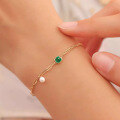 wholesale S925 Sterling Silver Red Elk Bracelet with Pearl and Green Square Zirconia, Japanese Minimalist Style Personalized Women's Accessory-0-1