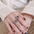 wholesale S925 Sterling Silver Guochao Lotus Inlaid with Southern Red Agate Adjustable Ring Retro Ethnic Style Index Finger Ring-0-3