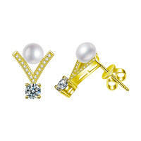 S925 Silver V-Shaped Pearl Earrings with D Color Moissanite and Natural Freshwater Pearls-Freshwater pearl stud earrings (gold)  50 point + 50 point moissanite (6mm bread bead)