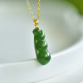 wholesale 18K Natural Gold Inlaid with Hetian Jasper Four Seasons Pendant Spinach Green Four Seasons Fortune Bean Pendant Necklace-0-3