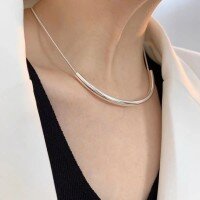 wholesale S925 Sterling Silver Minimalist Seamless Tube Necklace for Women, Summer Fashion Hollow Curved Semi-Circle Choker-Pure silver (40+5CM)
