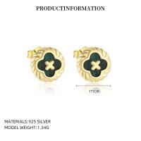 wholesale S925 Sterling Silver Round Vintage Button Earrings With Inlaid White Shell, Luxury Advanced Style, Cross-border Wholesale-YE0207_Malachite_18K Yellow Plated_Pair_With Small Flower Ear Caps 925 Silver