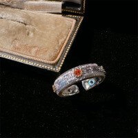 wholesale S925 Sterling Silver Vintage Exquisite Niche Stackable Textured Engraved Brushed Rainbow Snowflake Ring Adjustable Open Ring-Orange Diamond Adjustable opening