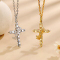 wholesale S925 Sterling Silver Plated in 18K Gold, Cross Pendant Necklace with Crown and Full Moissanite-0-1