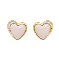 wholesale S925 Silver Plated 14K Gold 3D Heart-Shaped Pink Shell and White Zircon Earrings in Japanese-Style Sweet and Niche Design-Pink Shell Earrings 925 Silver