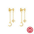 wholesale S925 Sterling Silver Geometric Star and Moon Earrings with Pearl, Diamond, and Fringe Chain-0-9