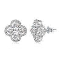 wholesale S925 Sterling Silver Women's Light Luxury Dainty Four-Leaf Clover Mother-of-Pearl Zircon Ear Studs with Silver Needles-DY1D0339-SW-WH 925 silver