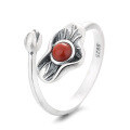 wholesale S925 sterling silver inlaid with southern red agate lotus leaf and lotus flower ring, fashionable retro ethnic style index finger ring-0-6