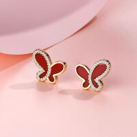 wholesale Metal material trendy butterfly micro-pave red necklace, luxury ferris wheel butterfly love resin stud earrings for women-xb1412-golden red