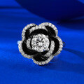 wholesale S925 Silver New Live Streaming Style Camellia Ring with 65mm Round White Diamond Bud and Blossom Ring Band-0-5