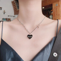 wholesale S925 Sterling Silver Vintage Black Heart-shaped Letter Necklace French Hepburn Style Versatile Collarbone Chain-216L/approximately 11.5g 925 silver