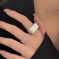 wholesale S925 Sterling Silver Brushed Matte Square Heavy Duty Open Ring for Women, New Style Versatile High-End Sense Ring-0-0