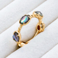 wholesale S925 silver plated 14K gold Japanese-style vintage niche abalone shell white crystal ring-Abalone White Crystal Ring>Size 7