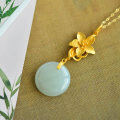wholesale 925 Silver Gold-Plated with Certificate, Round Drum Surface Jade Pendant, Original Light Luxury Design Floral Inlay Hetian Jade Necklace-0-6